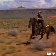 Cowboy riding horse across desert