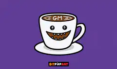Smiling coffee cup with GM text