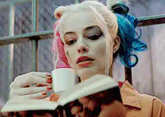 Harley Quinn drinking coffee