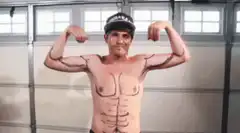 Man flexes drawn-on muscles