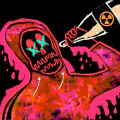 pink hooded figure drinking radioactive liquid