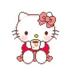 Pixel art Hello Kitty holding a cup