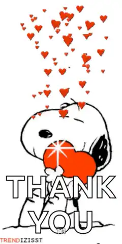 Snoopy holding a heart saying thank you