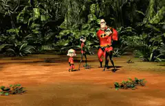 The Incredibles family running in the jungle
