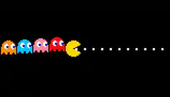 Pac-Man chasing dots with ghosts