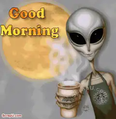 Alien barista holding coffee with Good Morning text