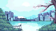 Pixel art cityscape with cherry blossoms