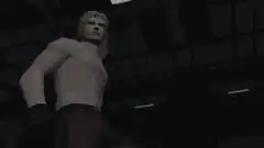 Blonde man raises arm and turns around