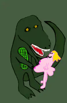 T-Rex holding a pink doll