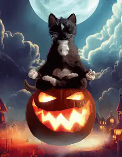 meditating cat on jack-o-lantern