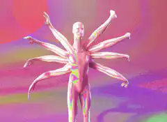 Multi-armed figure with arms waving
