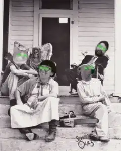 Vintage family photo with green glowing eyes