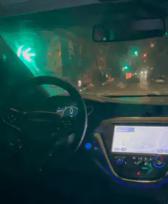 Night drive through city streets