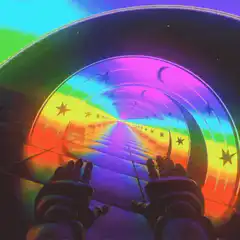 First person view of a rainbow tunnel