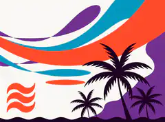 Tropical sunset with palm trees and colorful waves