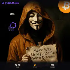 Guy Fawkes mask holding Bitcoin war sign
