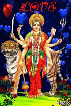 Goddess Durga with tigers and hearts