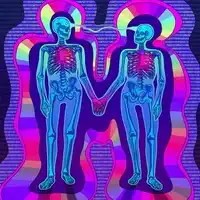 Two skeletons holding hands in neon colors