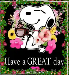 Snoopy with coffee and flowers