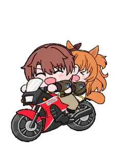 Chibi couple riding motorcycle