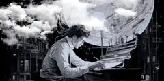 Man drawing in front of giant moon