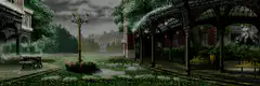 rainy park with gazebo and lamppost