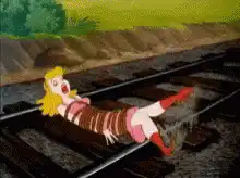 Woman sliding on train tracks