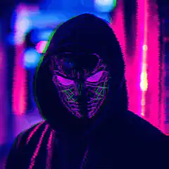 Cyberpunk hooded figure with glowing mask