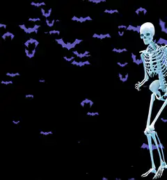 Skeleton dancing with bats