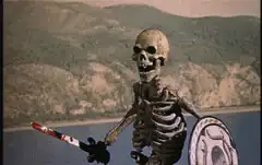 Skeleton warrior with bloody sword and shield