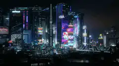 Cyberpunk cityscape with vertical scrolling menu