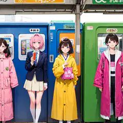Four anime girls standing in front of vending machines