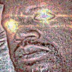 Pixelated face with glowing eyes