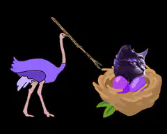 ostrich poking cat in nest