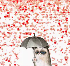 Grumpy Cat under heart rain