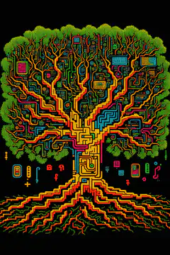 pixel art tree with circuit board patterns