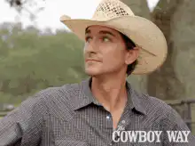 Man in cowboy hat doing hand gestures