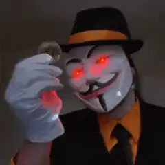 Guy Fawkes mask with glowing red eyes