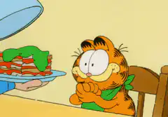 Garfield drools over lasagna