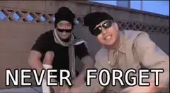 Two men in sunglasses and beanies dancing with text