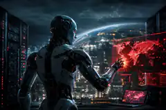 Robot looking at holographic world map