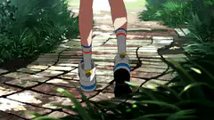 Anime character walking on stone path