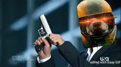 Dog in helmet with glowing eyes holding gun