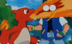 Charmander kisses Ash's Charizard
