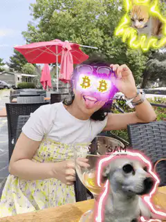 woman with bitcoin eyes and glowing pets