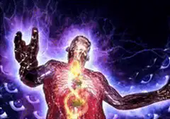 Man glowing with energy and eyes in background