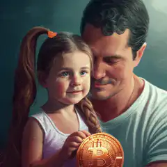 Father and daughter holding Bitcoin with glowing eyes