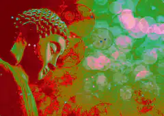 Psychedelic Buddha with bokeh lights