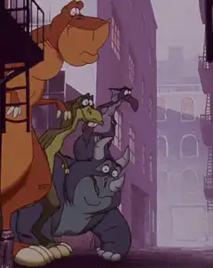 Dinosaurs characters in alleyway