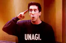 Ross pointing to head saying Unagi